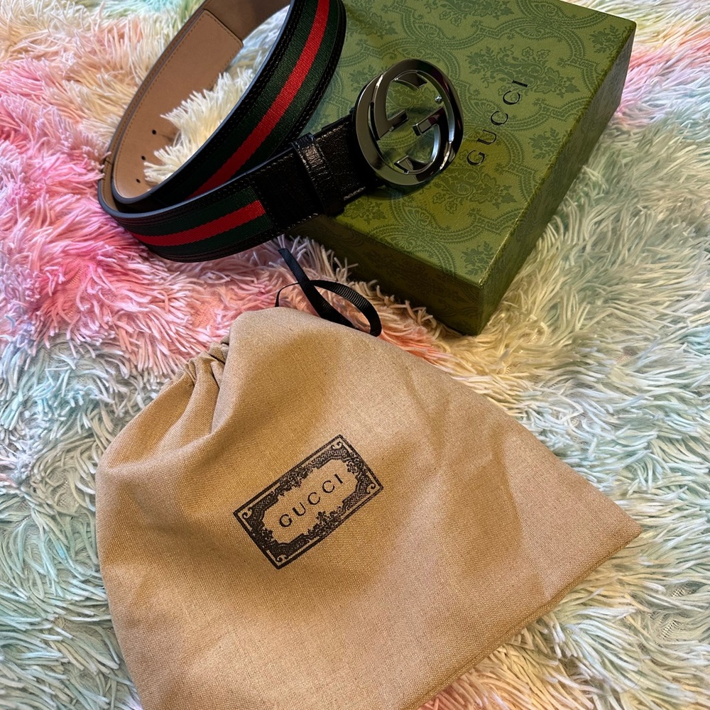 Gucci belt black green red green 85/34 is 28-30 unisex silver palladium buckle